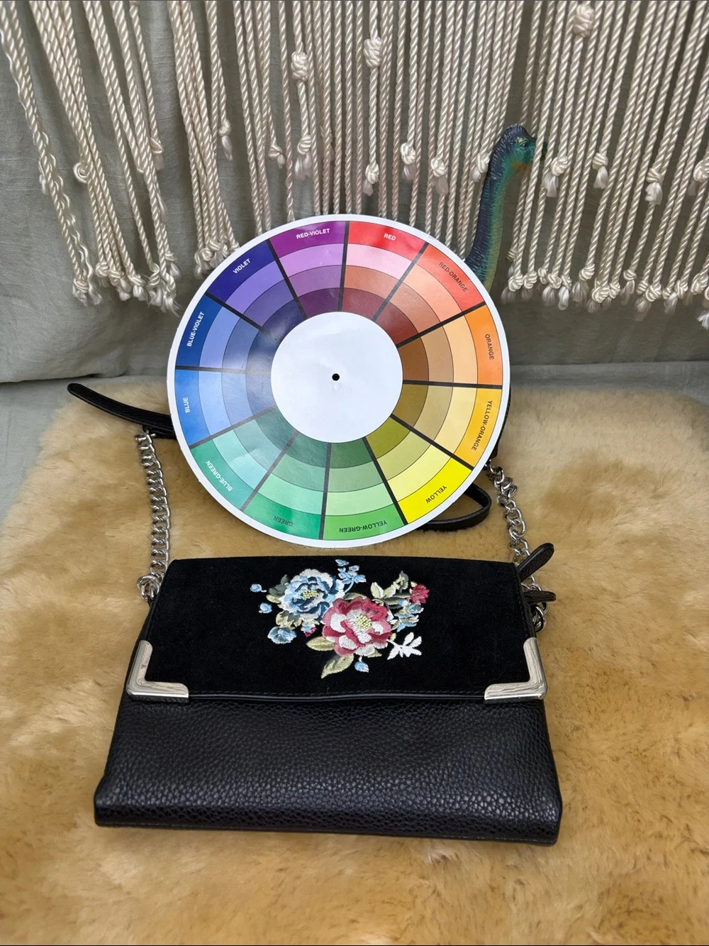 White House Black Market Black Crossbody Bag with Black Suede, Floral Embroidery